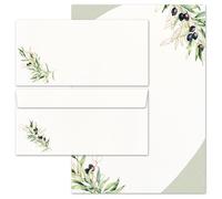 Lot de 20 feuilles de papier à lettre - Motif branches d'olivier - 10 feuilles de papier à lettre + 10 enveloppes assorties sans fenêtre - Format A4 et DIN long - Gastronomie