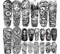 Lot de 20 feuilles de tatouages temporaires noirs pour homme et femme - Aigle Maori - Squelette de loup - Faux tatouage à coller - Pour adultes