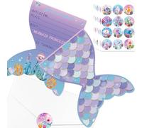 Lot de 20 invitations d'anniversaire en forme de sirène avec enveloppes et autocollants, cartes en papier pour fille, fête prénatale, décorations de fête sirène, 17 x 13 cm