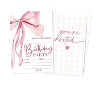 Lot de 20 invitations d'anniversaire pour filles, cartes d'invitation élégantes avec ruban rose avec enveloppes blanches, format carte postale A6, impression double face, invitations de fête pour