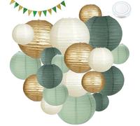 Lot de 20 lampions en papier vert sauge doré, ronds, décoratifs, avec décoration de drapeau triangulaire de 5 m, ligne de suspension de 50 m pour fêtes d'anniversaire, décorations de fête de jardin