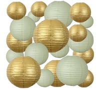 Lot de 20 lanternes en papier décoratives rondes à suspendre pour fête rustique, fête prénuptiale, mariage, anniversaire, décoration d'intérieur - Vert sauge et doré