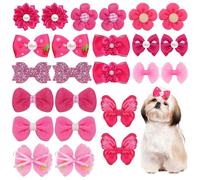 Lot de 20 nœuds à cheveux pour petit chien - Avec bandes en caoutchouc - Élastiques en dentelle et strass - Mélange de styles faits à la main - Motif floral - Rose rouge