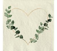 Lot de 20 petites serviettes à cocktail en papier recyclé, pour mariage et amour, cœur avec feuilles vertes, comme décoration de table. Serviettes en papier avec motif. Convient également pour le