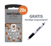 Lot de 20 plaquettes de 8 piles Rayovac pour appareils auditifs type 312 (marron) avec stylo magnétique gratuit