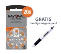 Lot de 20 plaquettes de piles pour appareils auditifs Rayovac type 13 (orange) avec stylo magnétique gratuit
