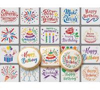 Lot de 20 pochoirs d'anniversaire réutilisables de 10,2 x 10,2 cm pour décoration de biscuits, bois, mur, tissu, loisirs créatifs