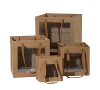 Lot de 20 sachets carrés transparents en PVC avec fenêtre et poignée, pouvant servir boîte à gâteaux différentes tailles, manchon for pots fleurs ou d'emballage for poupées(Brown)