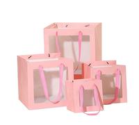 Lot de 20 sachets carrés transparents en PVC avec fenêtre et poignée, pouvant servir boîte à gâteaux différentes tailles, manchon for pots fleurs ou d'emballage for poupées(Roze)