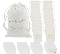 Lot de 20 sacs cadeaux en tissu de 10 x 15 cm et 20 cartes vierges - Sacs cadeaux en tissu avec cordon de serrage - Pour baptême, mariage, anniversaire, fête, divers festivals - Merci