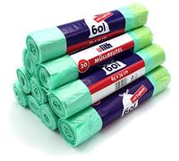 Lot de 200 sacs poubelles avec cordon de serrage 60 l 20 pièces par rouleau, 63 x 74 cm, indéchirables et étanches aux liquides (10 rouleaux)