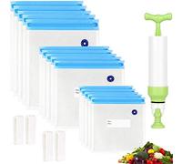 Lot de 20 sacs sous vide réutilisables de 3 tailles avec pompe à main, clips d'étanchéité pour la cuisine sous vide et le stockage des aliments (kit bleu)
