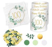 lot de 20 serviettes 100e anniversaire + 12 photophores décoration de table + 100 confettis verts deco 100e anniversaire femme homme cadeaux 100 ans eucalyptus table déco 100 ans