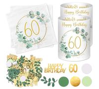 Lot de 20 serviettes 60 ans + 12 photophores décoratifs de table + 100 confettis 60ème anniversaire vert - Décoration de table 60e anniversaire femme homme eucalyptus - Décoration de table 60 ans