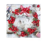 Lot de 20 serviettes de Noël en papier, 33 x 33 cm, 3 couches, de qualité supérieure et durables, jetables, avec couronne d'églantier, ruban et bois de bouleau, style maison de campagne