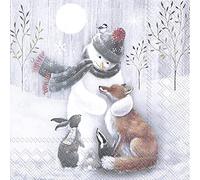 Lot de 20 serviettes de table Bonhomme de neige entouré tous - Renard - Lapin - Animaux - Hiver - Noël - Décoration de table 33 x 33 cm