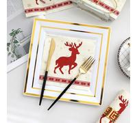 Lot de 20 serviettes de table double épaisseur avec Père Noël, renne, sapin de Noël pour Noël, 33 x 33 cm, thème des vacances, inspiration classique