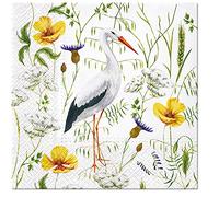 Lot de 20 serviettes de table en forme de cigogne dans l'herbe - Motif animal - Printemps - Été - Naturel - Décoration de table 33 x 33 cm