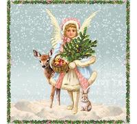 Lot de 20 serviettes de table Motif ange de Noël avec cerf Nostalgie Bleu 33 x 33 cm