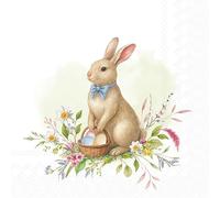 Lot de 20 serviettes de table Motif lapin de Pâques debout sur des fleurs Serviettes en papier avec motif Convient également pour le découpage et la technique des serviettes 33 x 33 cm