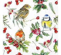 Lot de 20 serviettes de table Motif oiseaux de Noël avec baies Convient également pour le découpage et la technique des serviettes 33 x 33 cm
