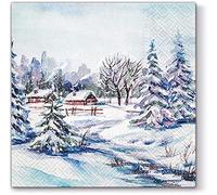 Lot de 20 serviettes de table Motif village en forêt d'hiver 33 x 33 cm