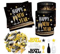 Lot de 20 serviettes de table pour le Nouvel An + 12 photophores + 500 confettis noirs et dorés - Décoration du Nouvel An 2026 - Cadeaux de décoration pour le Nouvel An