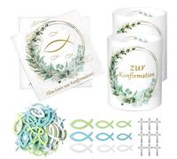 Lot de 20 serviettes décoratives de confirmation, avec 12 photophores décoratifs de table + 60 poissons en bois à disperser + 10 croix, décoration de table de confirmation vert eucalyptus pour garçon
