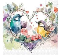 Lot de 20 serviettes en papier - 25 x 25 cm - 3 couches - Qualité supérieure et durable - Jetables - Motif couple d'oiseaux dans un cœur