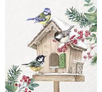 Lot de 20 serviettes en papier 3 couches - 33 x 33 cm - Multicolorées, parfaites pour la table de Noël, l'hiver, la décoration de table - Découpage - Technique de serviette (oiseaux à la mangeoire)