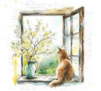 Lot de 20 serviettes en papier avec motif chat naturel sur la fenêtre du jardin 33 x 33 cm