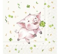Lot de 20 serviettes en papier avec motif cochon porte-bonheur avec trèfle - Idéales pour le découpage et la technique des serviettes - 33 x 33 cm