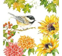 Lot de 20 serviettes en papier avec motif oiseau sur tournesols et dahlias 33 x 33 cm