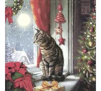 Lot de 20 serviettes en papier motif chat sur la fenêtre - Décoration de table pour l'hiver et Noël - 33 x 33 cm