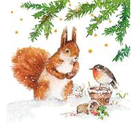 Lot de 20 serviettes en papier Motif oiseaux et écureuils dans la neige 33 x 33 cm