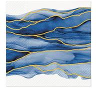 Lot de 20 serviettes en papier pour décoration de table Motif vagues bleues et lignes dorées 33 x 33 cm