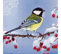 Lot de 20 serviettes mésange charbonnière sur branche givrée | oiseau | animaux | Noël | hiver | décoration de table | découpage | technique de serviette 33 x 33 cm