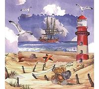 Lot de 20 serviettes motif scène de plage, coquillages, phare, bateau, mer, lac, 33 x 33 cm