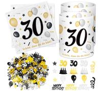 Lot de 20 serviettes pour 30e anniversaire + 12 photophores - Décoration de table - 30 + 500 confettis - Décoration de table pour 30 ans - Noir et doré
