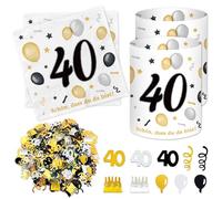 Lot de 20 serviettes pour 40 ans + 12 photophores - Décoration de table - 40 + 500 confettis - Décoration de table pour 40 ans - Noir et or