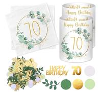 Lot de 20 serviettes pour 70e anniversaire + 12 photophores pour décoration de table 70e anniversaire + 100 confettis 70e anniversaire vert eucalyptus décoration de table 70 ans cadeaux pour 70e