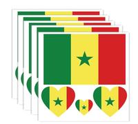 Lot de 20 tatouages drapeau sénégalais, bannière sénégalaise, autocollants de décoration, rectangulaires, cœurs, imperméables, autocollants pour fête parade sénégalaise (5 feuilles)