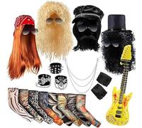 Lot de 20 tenues des années 80 pour homme, avec perruques, manches de tatouage, lunettes de soleil, gants, guitares, chaînes, foulard, accessoires punk pour carnaval et fête à thème