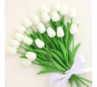 Lot de 20 tulipes artificielles pour tombe, décoration, jardin et extérieur, fausses tulipes qui ressemblent à de vraies fleurs artificielles dans un vase blanc fleur artificielle cadeau tulipes crème