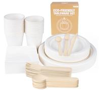 Lot de 200 assiettes et couverts compostables écologiquement jetables en carton et couverts,Ensemble de fête et de pique-nique,Avec assiette, cuillère, fourchette, couteau, gobelet, lingettes, nappes