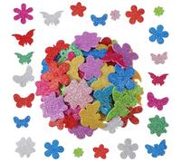Lot de 200 autocollants en mousse à paillettes - En caoutchouc mousse - Autocollants à paillettes - Fleurs et papillons - Colorés - Pour l'artisanat, le scrapbooking, la décoration