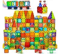 Lot de 200 blocs de construction magnétiques avec 2 figurines magnétiques et 2 voitures, blocs de construction magnétiques pour enfants de 3, 4, 5, 6, 7 ans, jeu d'aimants Montessori - Cadeau pour