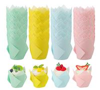 Lot de 200 caissettes à muffins en forme de tulipe rose, bleu, jaune, vert, couleurs pastel, supports à cupcakes en papier pour fête, mariage, anniversaire, Noël, fêtes prénatales
