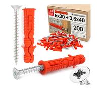 Lot de 200 chevilles 6 x 30 mm avec vis 3,5 x 40 mm - Chevilles à percussion et chevilles universelles pour béton, brique, blocs creux, kit de chevilles avec vis à tête fraisée Lun Fix