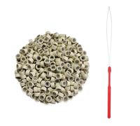 Lot de 200 extensions de cheveux avec 1 outil pour extensions de cheveux, anneaux nano en silicone doré, perles nano-perles en silicone pour extensions de cheveux, convient aux cheveux blonds et bruns